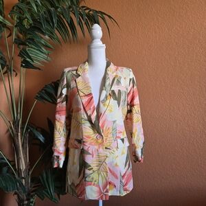 NWT RD + Koko Tropical Floral Print Blazer Jacket Linen Pink Yellow Green Large